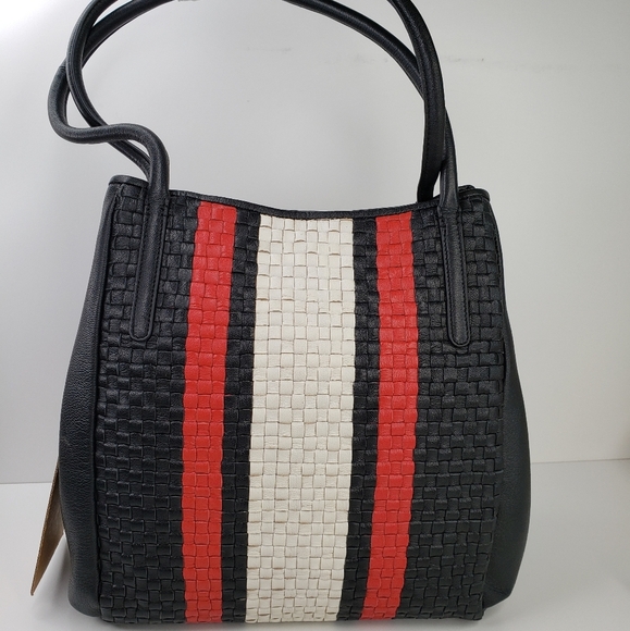 Clever Carriage Black Red & Ivory Striped Weaved Leather Beautiful Shoulder Bag - Picture 3 of 11